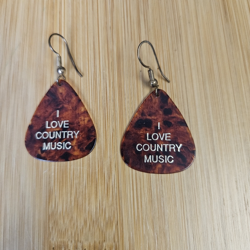 Cowgirl Tortoiseshell I LOVE COUNTRY MUSIC Guitar Pick Earrings 1.85" Western